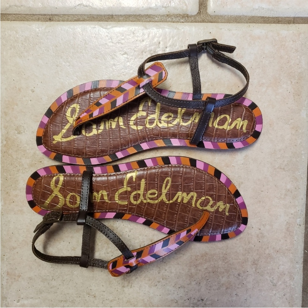 Sam Edelman Brown Croc-Textured Sandals with Pink, Orange & Black Trim